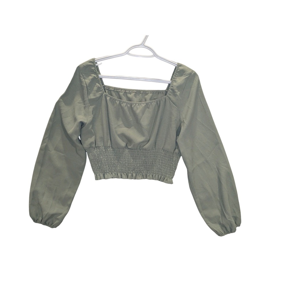 SHEIN Sage Green Smocked Waist‎ Long Puff Sleeve Square Neck Crop Top Large